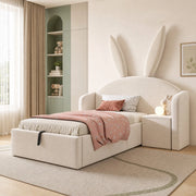 Letto imbottito per bambini ULEVR 90x200 cm con contenitore idraulico, comodino montabile a sinistra o destra, beige