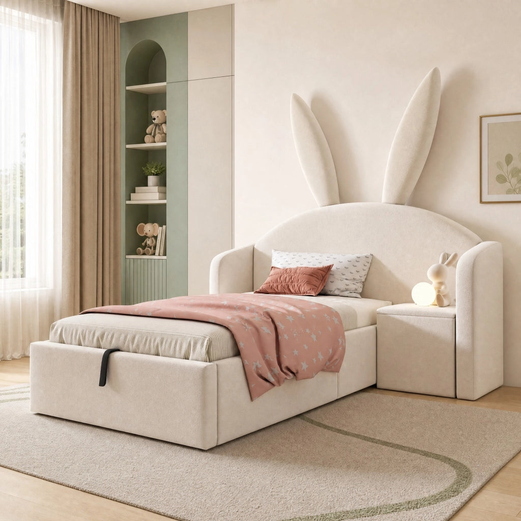 Letto imbottito per bambini ULEVR 90x200 cm con contenitore idraulico, comodino montabile a sinistra o destra, beige