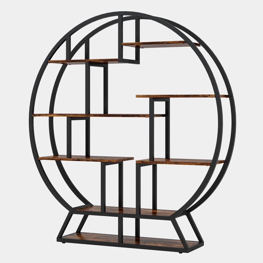 Scaffalatura per piante a 8 ripiani rotonda in metallo e pannelli truciolari nero marrone 150 × 30 × 158 cm
