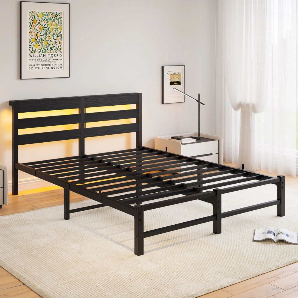 Letto matrimoniale 140×200 cm con LED; 2 USB e ripiano testiera; senza materasso; metallo e legno; nero