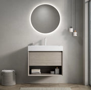 Mobile bagno bianco e rovere chiaro, lavabo integrato in resina e cassetto