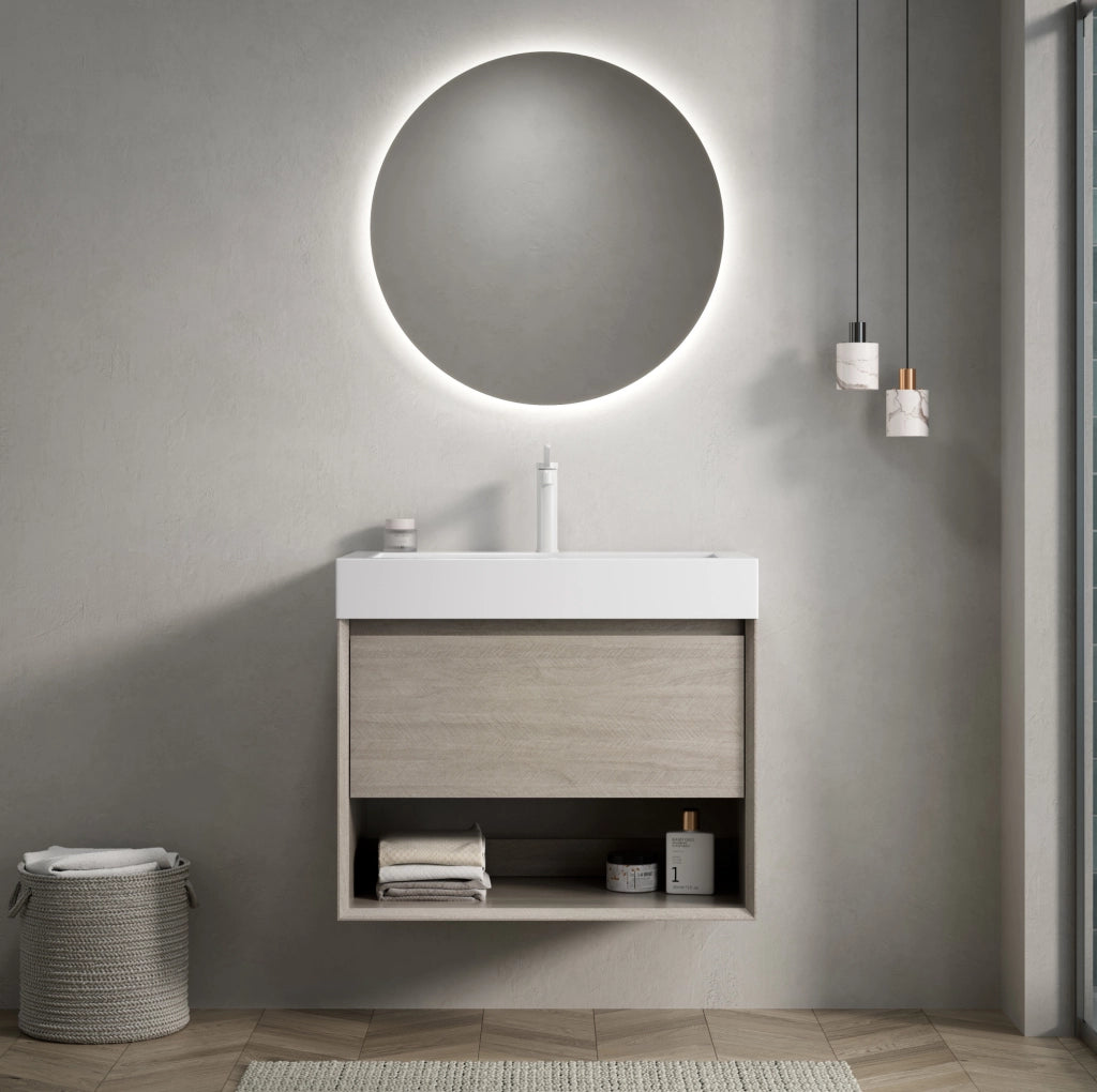 Mobile bagno bianco e rovere chiaro, lavabo integrato in resina e cassetto