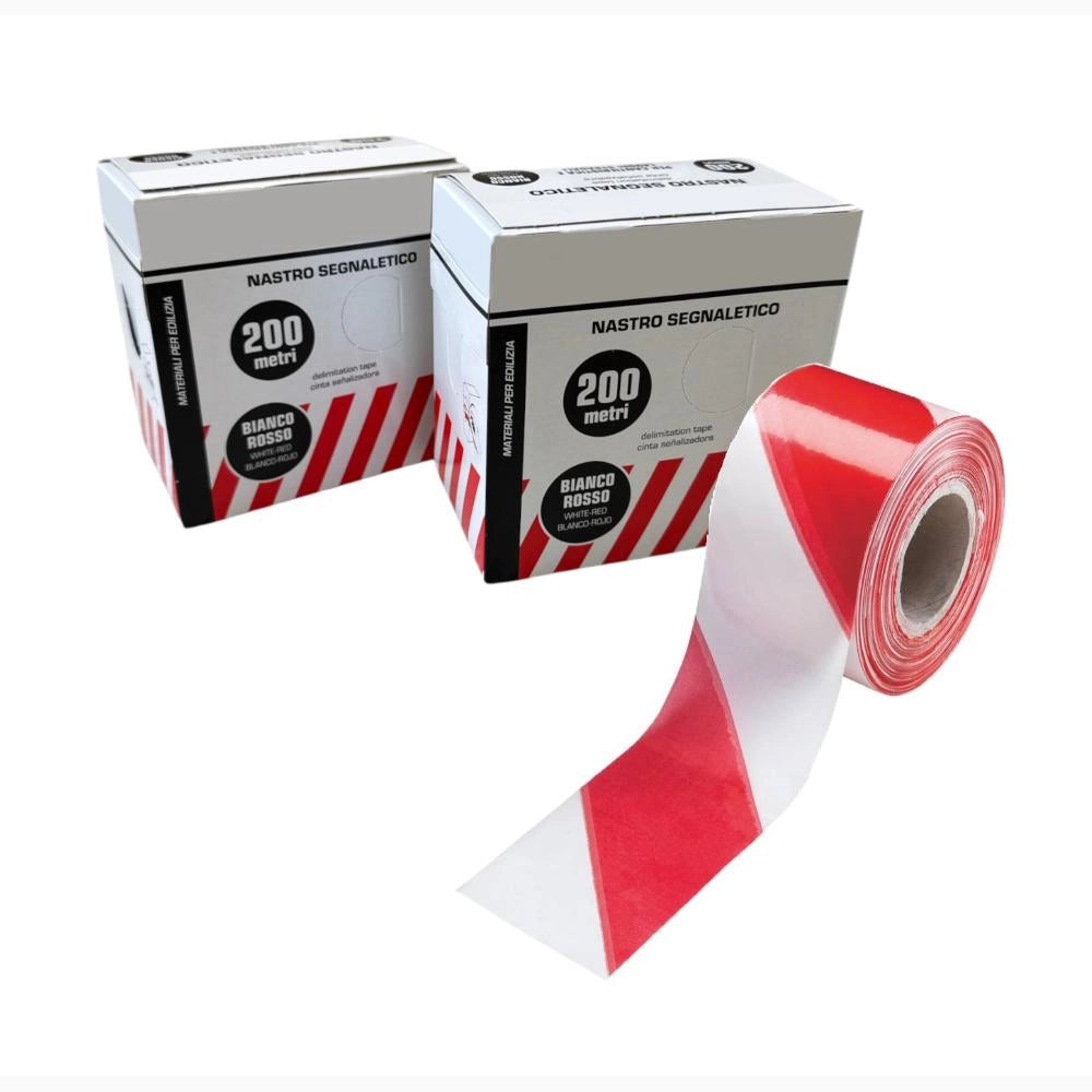 Nastro Segnaletico Bianco e Rosso in PVC 7 cm per 200 Metri con dispenser Conf. 2 pezzi