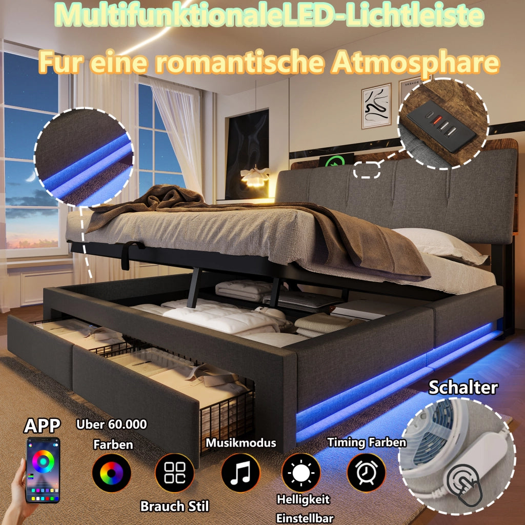 Letto contenitore 140 × 200 cm con vano idraulico cassetti laterali testiera imbottita USB Type-C LED grigio in lino