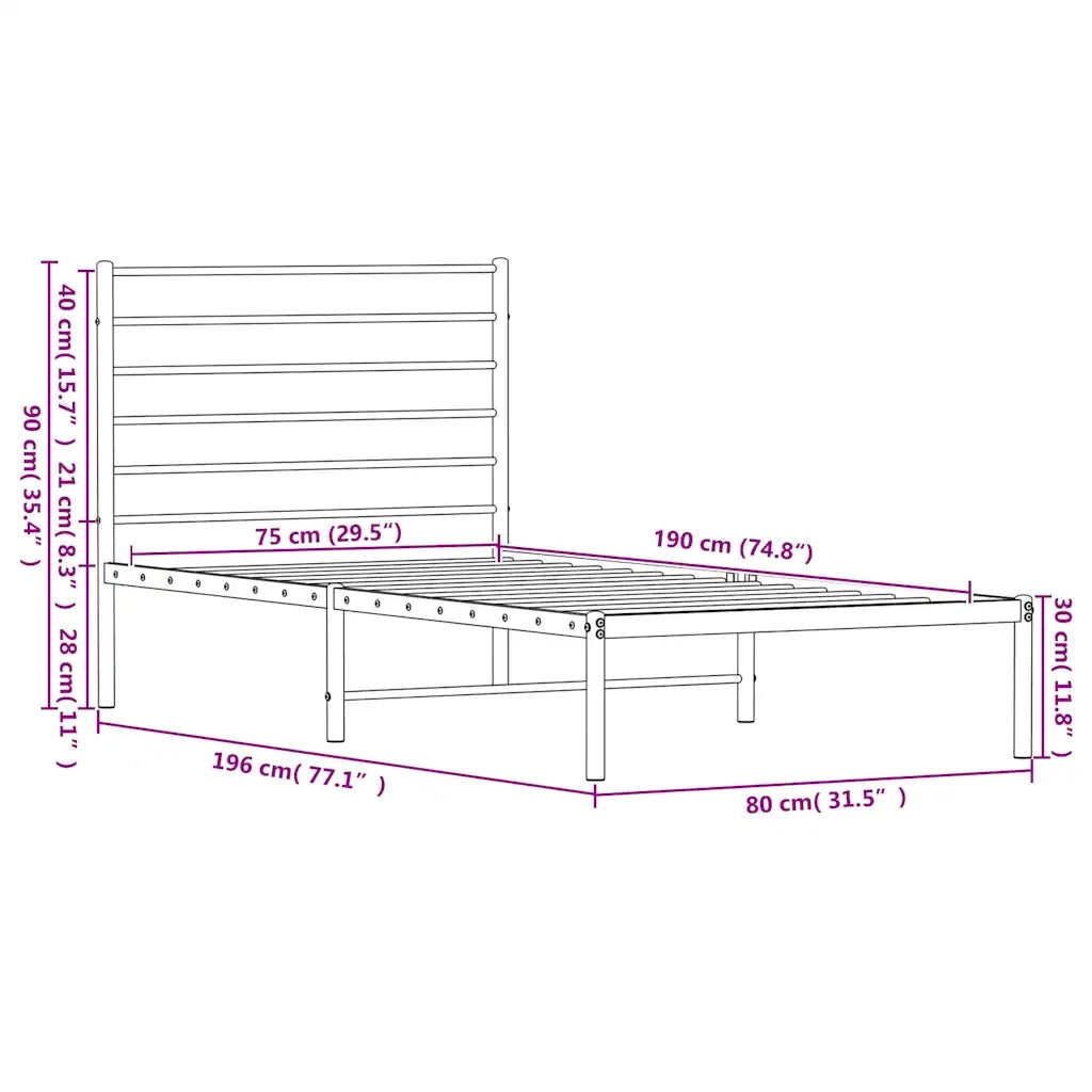 Letto singolo | Letto per adulti | Giroletto senza Materaso con Testiera Metallo Bianco 75x190 cm