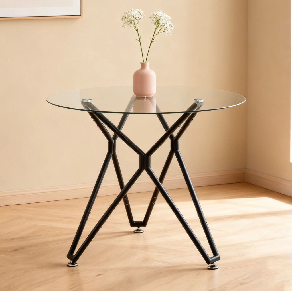Tavolo da pranzo rotondo 90 cm in vetro temperato con gambe in metallo nero, adatto per 1-4 persone