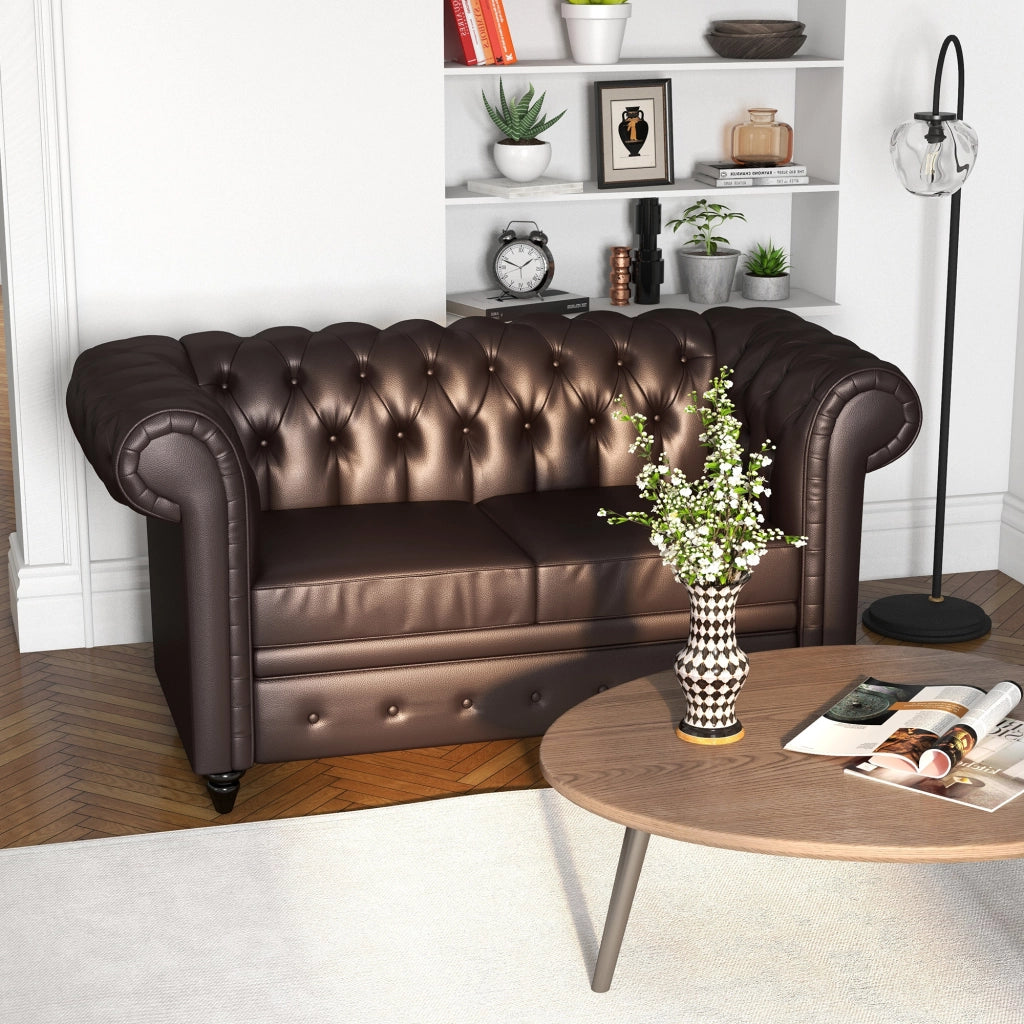 Divano 2 Posti Chesterfield in Ecopelle con Cuscino Rimovibile ¨C Minimal ¨C 160x84x80 cm Marrone