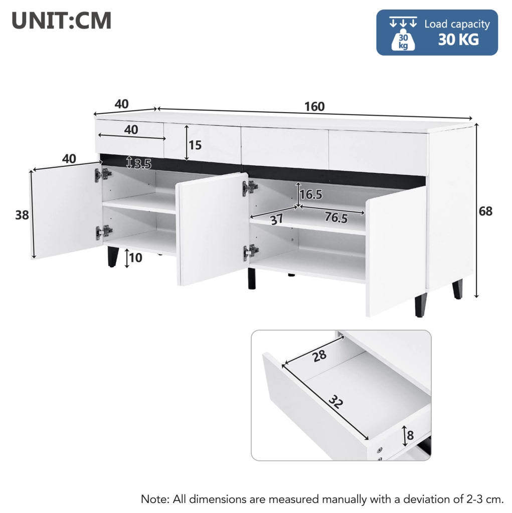 Sideboard bianco lucido con 4 cassetti, 2 ante e ripiani regolabili 160x40x68 cm