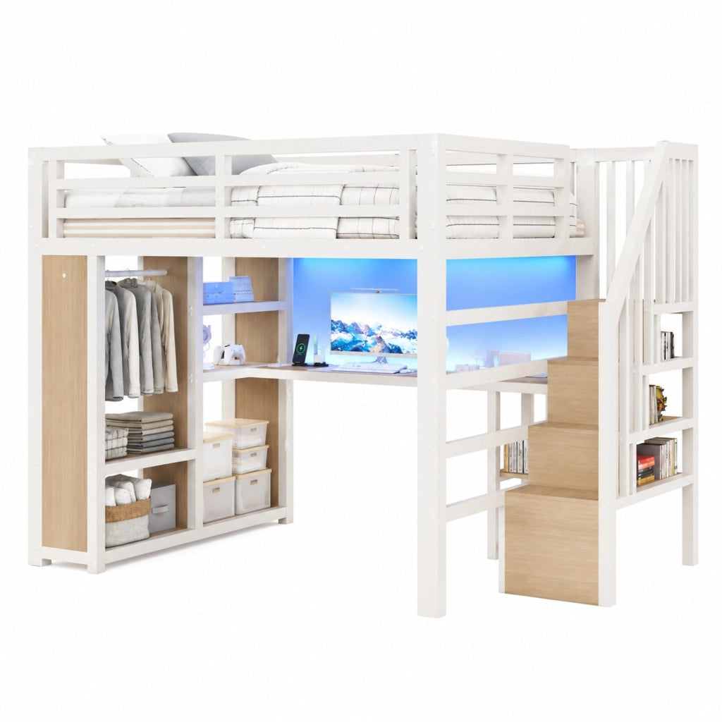 Letto a soppalco 140×200 cm 2 posti con scrivania, LED, USB, armadio e scaletta contenitore, senza materasso, metallo bianco