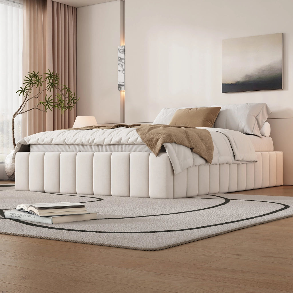 Letto con cassetti 140 × 200 cm con rete a doghe senza testiera in velluto e MDF beige