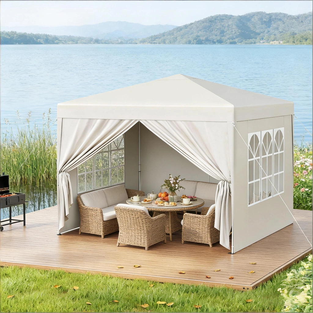 Gazebo pieghevole 3 × 3 m impermeabile con tetto Oxford 210D beige altezza regolabile e pareti laterali