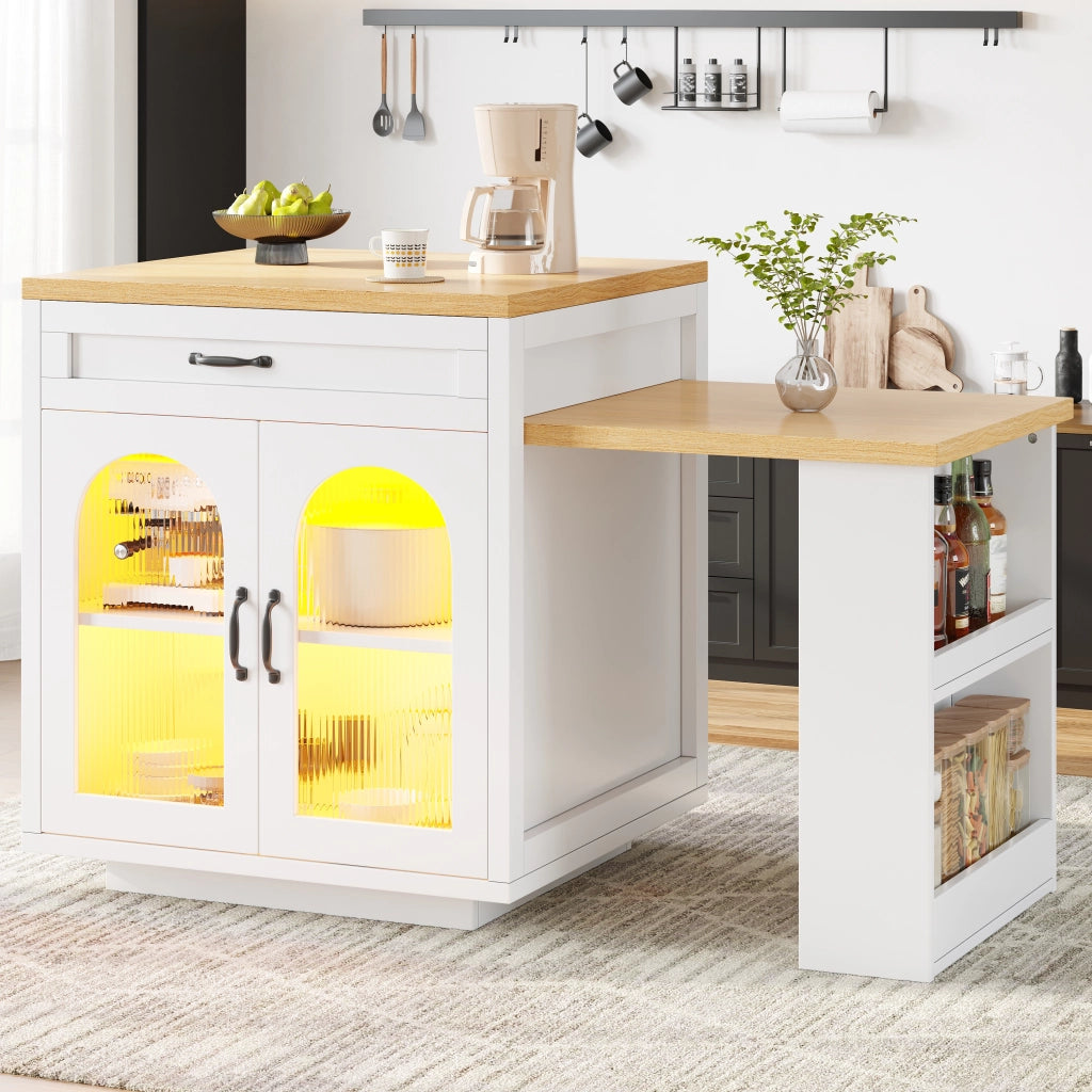 Mobile base da cucina con piano allungabile LED RGB 2 cassetti ante in vetro MDF bianco