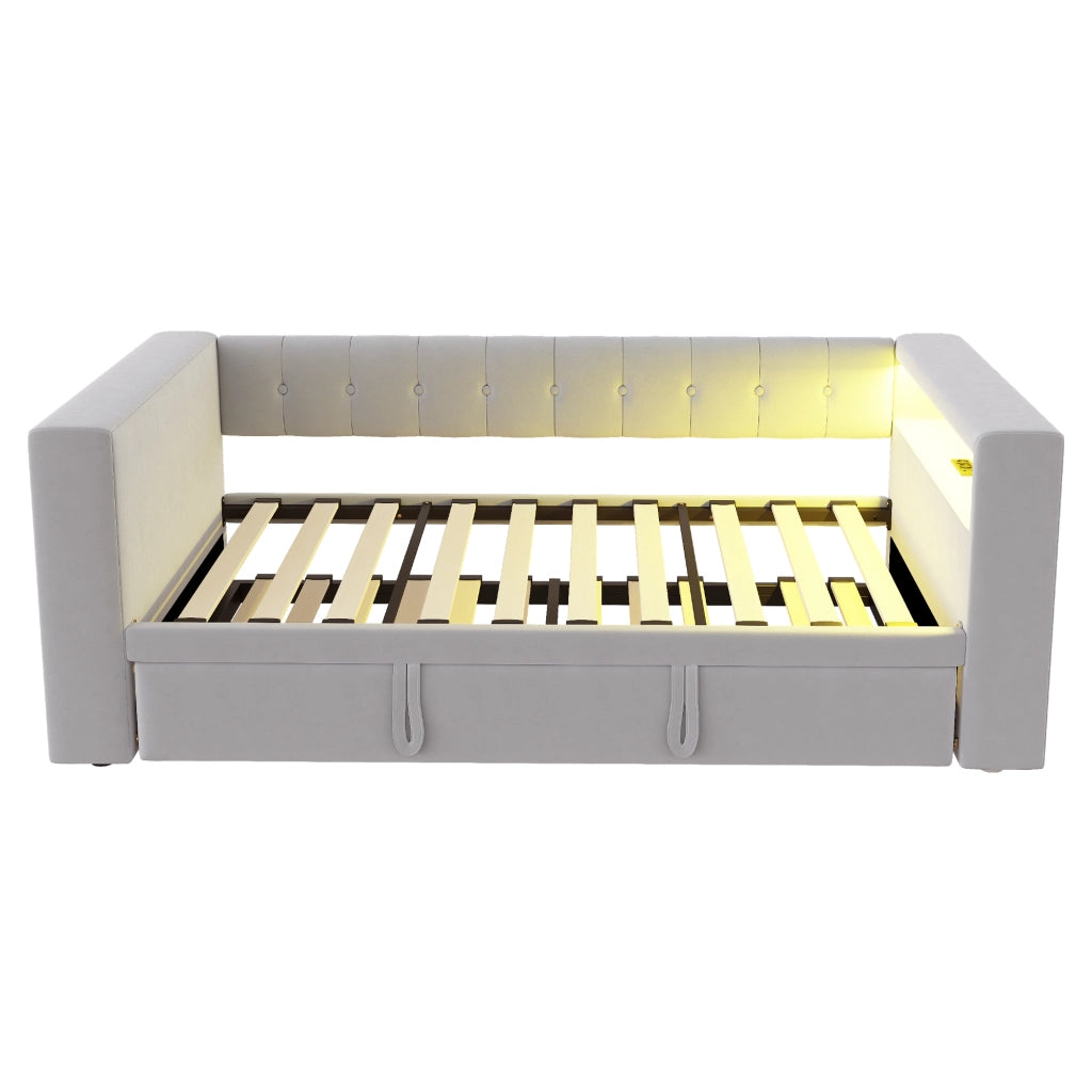 Letto singolo multifunzionale trasformabile con LED prese e vani portaoggetti in flanella grigio chiaro