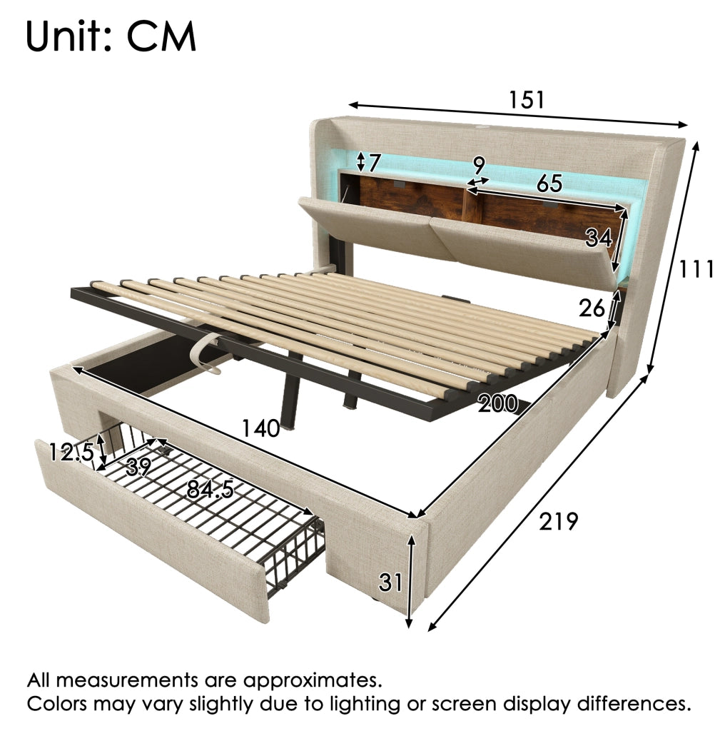 Letto imbottito 140x200 cm beige in lino con contenitore idraulico, testiera con scomparto, luci LED e porte USB/USB-C, con materasso incluso