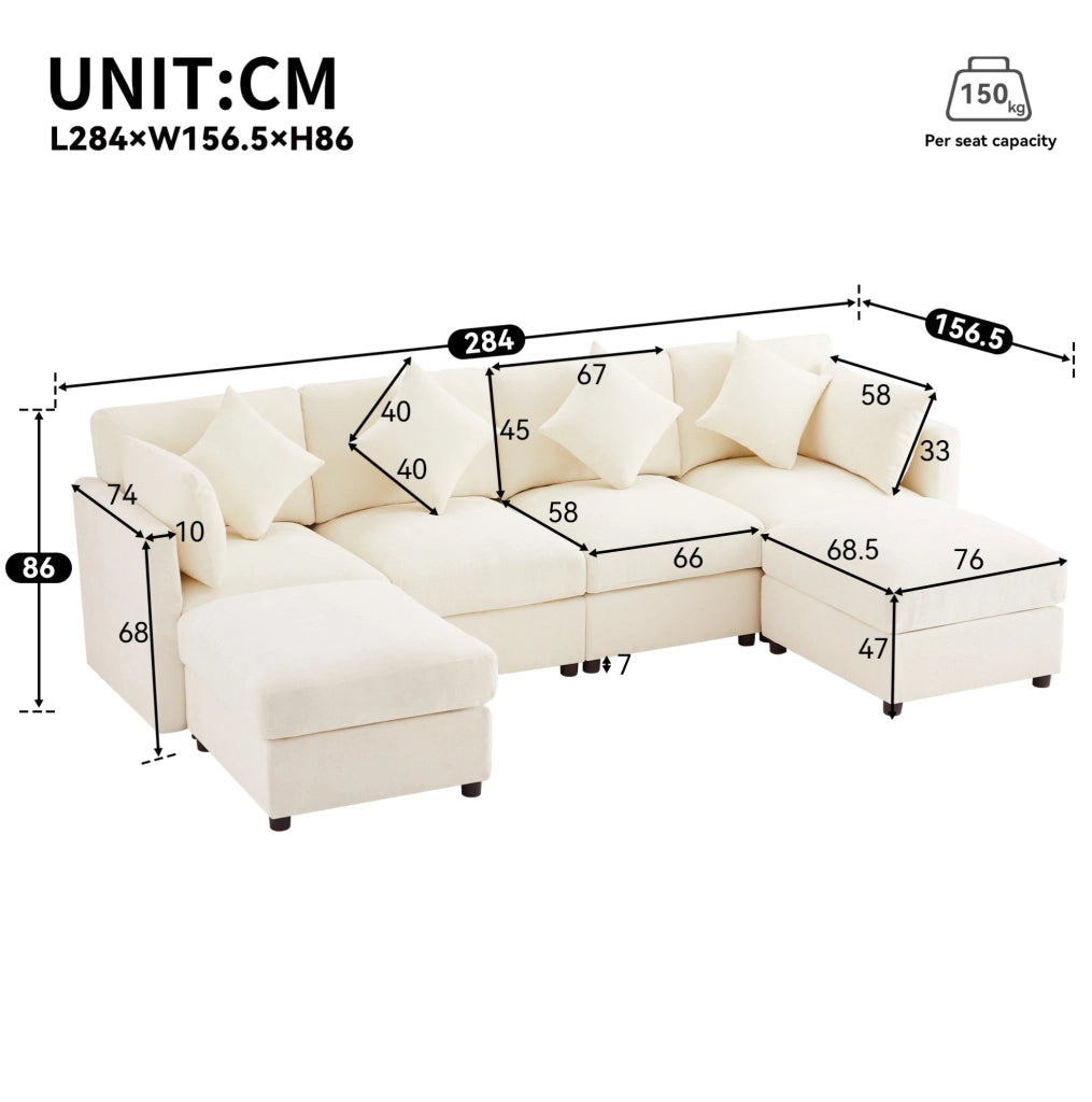 Divano modulare a forma di U/L in tessuto chenille beige con 2 pouf, 4 cuscini decorativi e 2 poggiatesta, braccioli regolabili