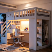 Letto a soppalco ULEVR 90x200 cm con scrivania, LED, prese e scala contenitore, bianco e colore legno
