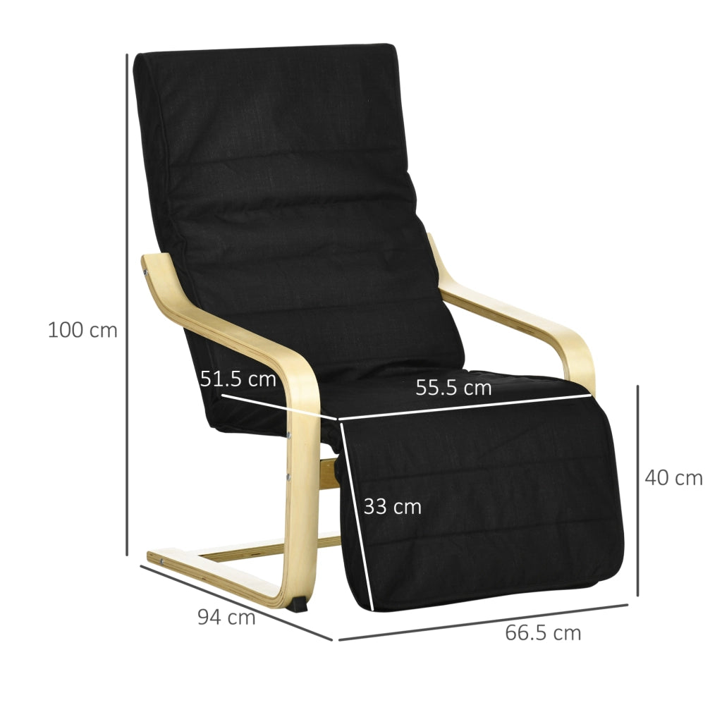 Poltrona Relax a Dondolo in Legno di Betulla con Poggiapiedi Regolabile, Rivestimento in Tessuto di Cotone Nero, Dimensioni 66,5x94x100 cm