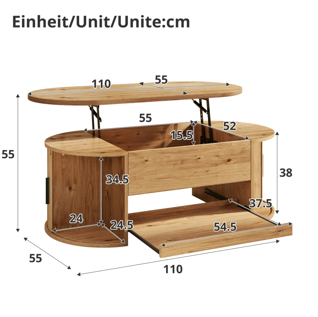 Tavolino da caffè elevabile 110x55x55 cm in MDF naturale con ante scorrevoli