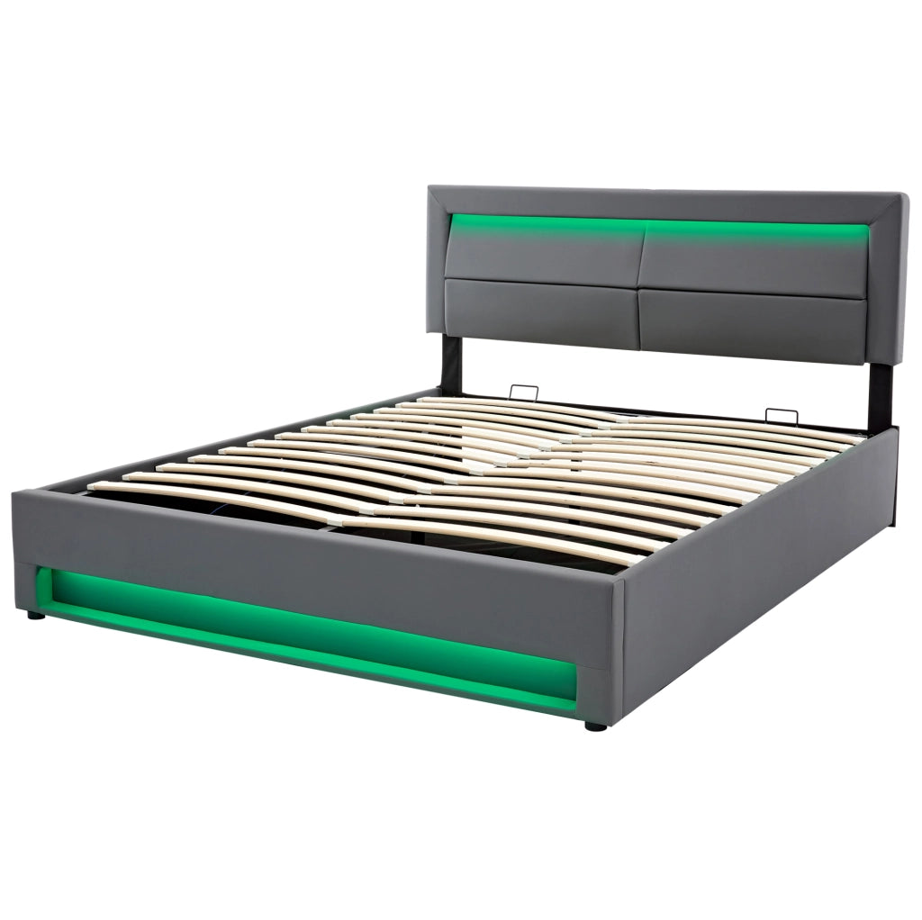 Letto imbottito 140x190 cm USB e LED con contenitore PU grigio (Senza materasso)
