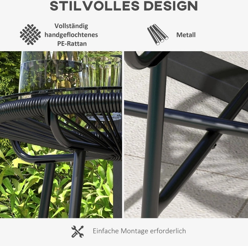 Tavolino da esterno in stile boho 50x50x50 cm in PE-rattan con piano in vetro temprato nero