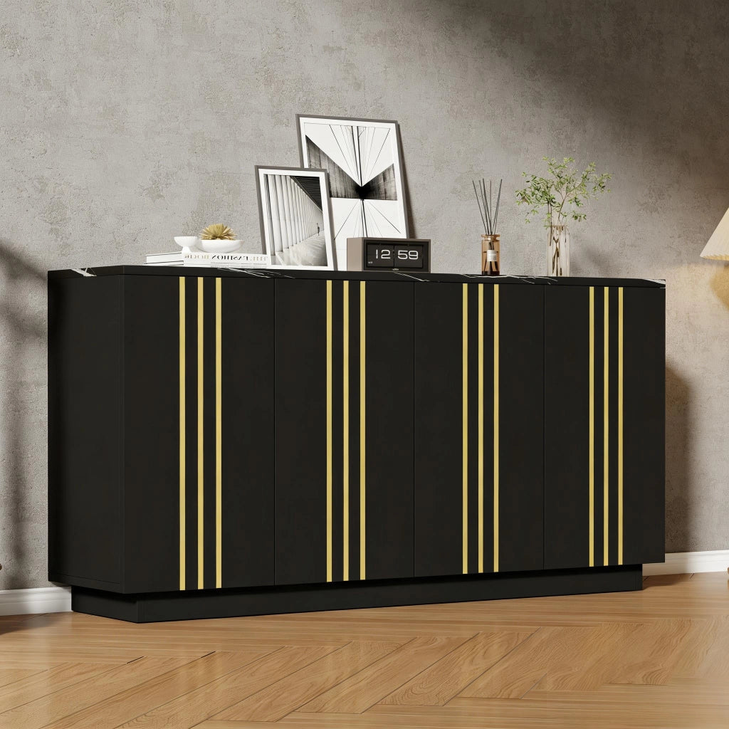 Madia con 4 ante e divisori regolabili in truciolato nero e oro con piano effetto pietra 35 × 140 × 70 cm