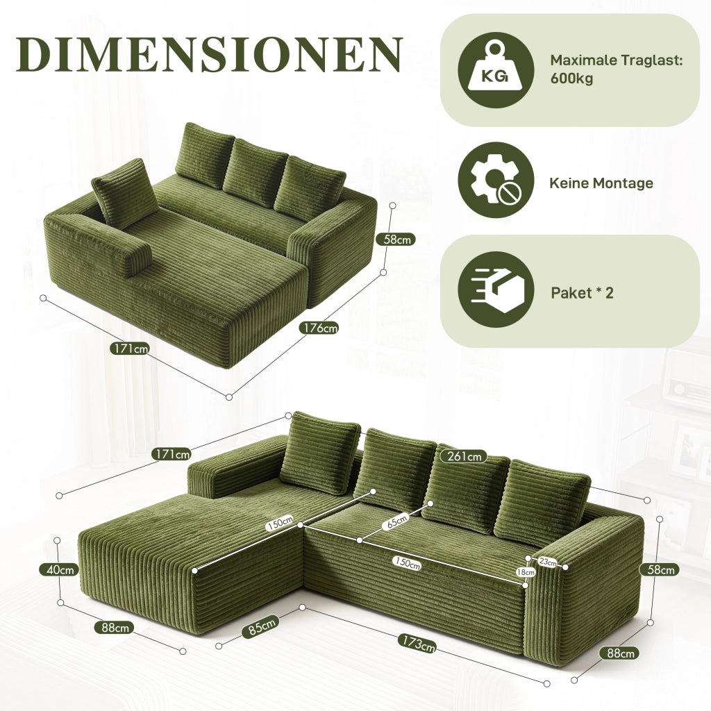 Divano modulare a L in velluto a coste verde con chaise longue, 2 elementi