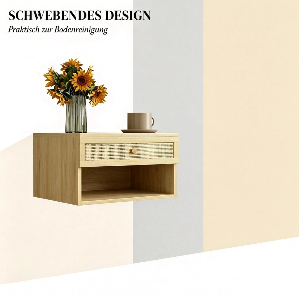 Set di 2 Comodini da Parete in Truciolato Naturale con Cassetto Estraibile e Ripiano Aperto, 40x34x23 cm