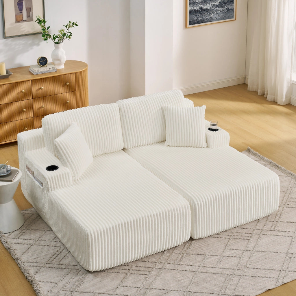 Divano letto 2 posti - con tasca laterale e portabevande - in tessuto a coste beige