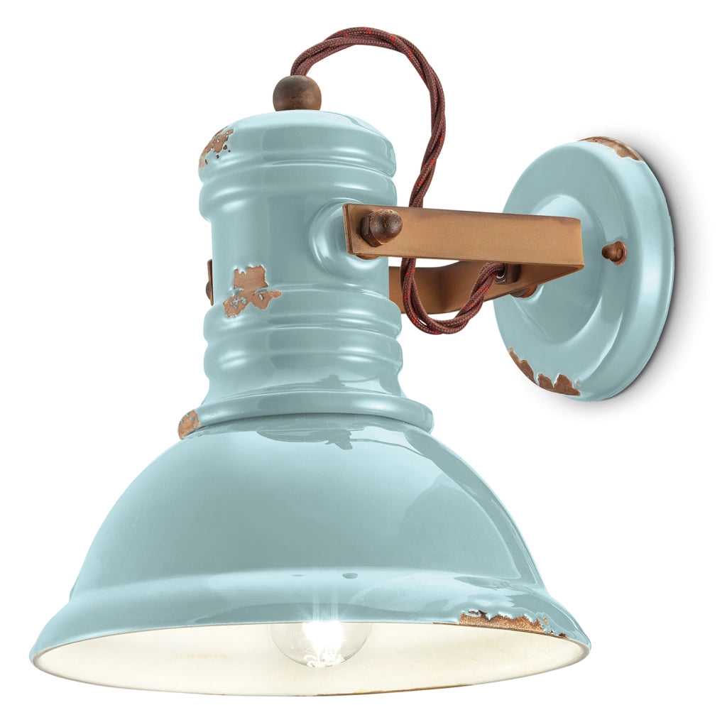 Applique Industrial Ferro E Ceramica Vintage Azzurro 1 Luce E27