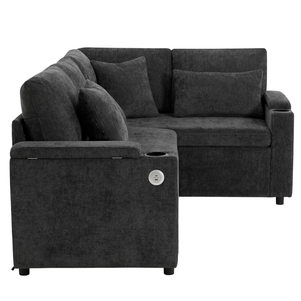 Divano letto angolare 206,5x141 cm con contenitore e USB in ciniglia grigio scuro