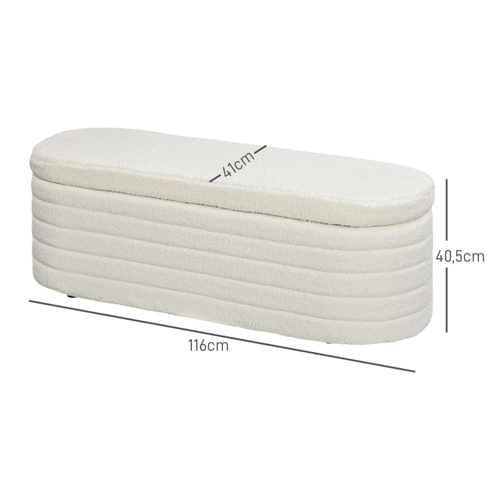 Panca da letto con contenitore in Teddy-Fleece crema 116x41x40,5 cm, struttura in legno di eucalipto, portata 120 kg
