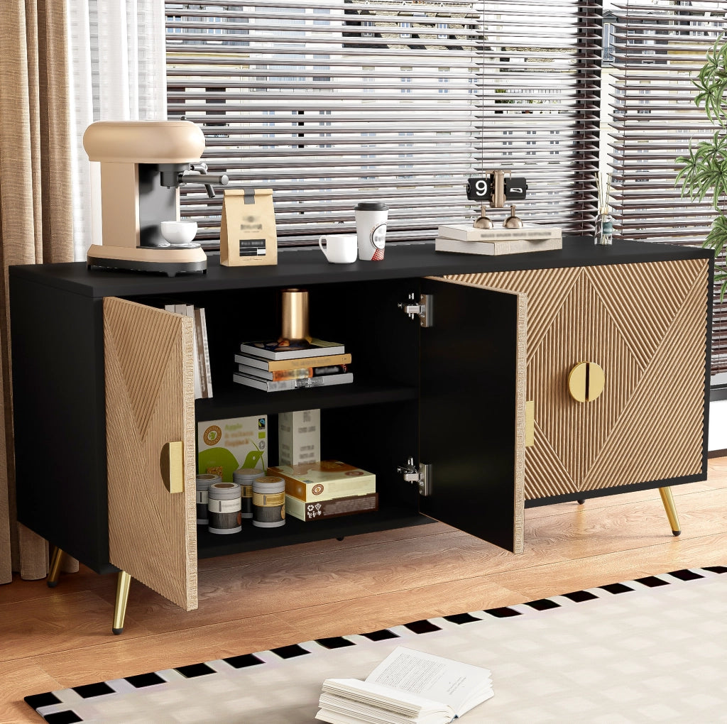 Sideboard 160 cm in MDF e PB con 4 porte, maniglie dorate spazzolate e gambe lucide oro