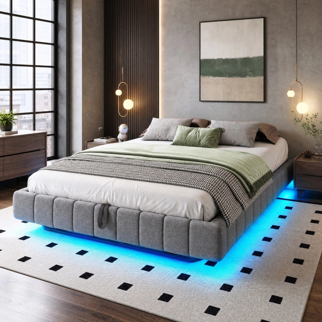 Letto imbottito sospeso 160x200 cm con LED e contenitore, grigio