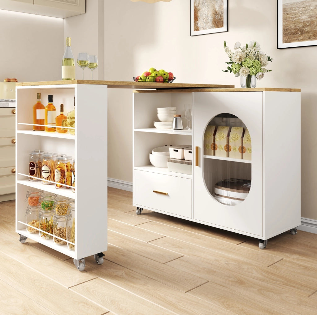 Isola da cucina mobile con piano girevole 360°, con spazio contenitivo, cassetto e ripiano regolabile, 120–180×60×90 cm, bianco e finitura naturale