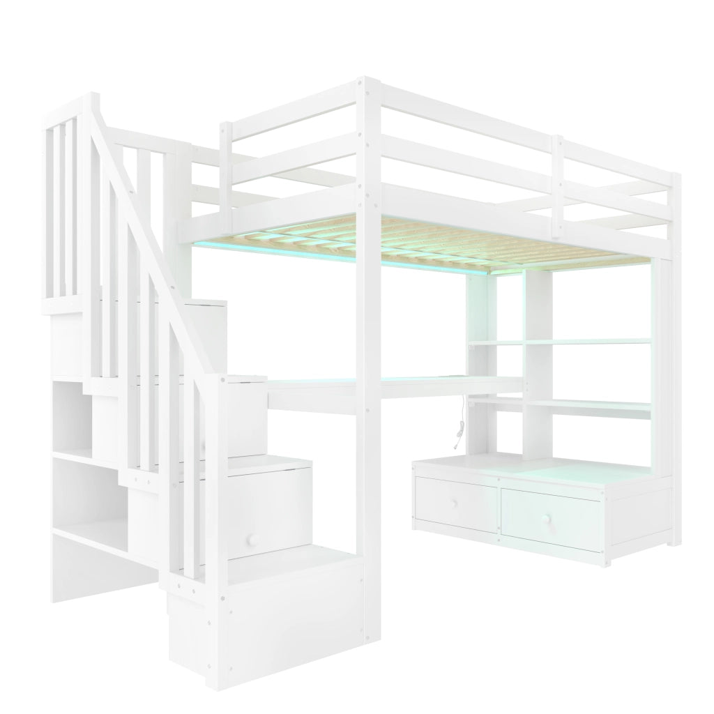 Letto a soppalco con scrivania 90x200 cm; scaffali; cassetti e scala contenitore; bianco