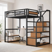 Letto a soppalco 140x200 cm con scrivania, scaffali e scala contenitore in metallo nero
