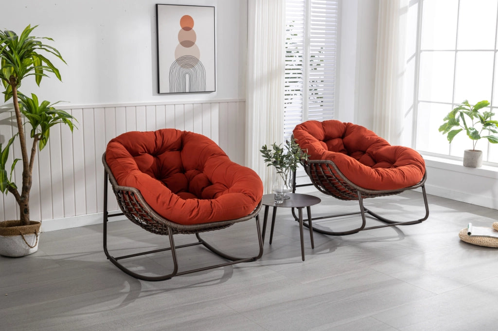 Poltrona a Dondolo in Rattan Sintetico con Cuscino Imbottito, Arancione, 78x106x90 cm, per Patio e Giardino