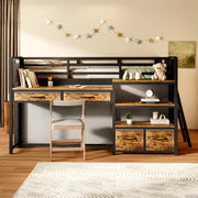 Letto a soppalco 140x200 cm con scrivania integrata; scaffali e cassetti; metallo nero