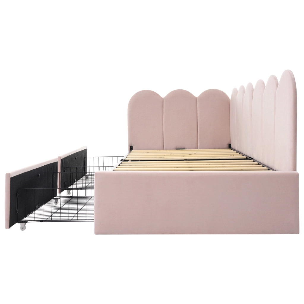 Letto da giorno 90x190 cm con 2 cassetti in velluto rosa