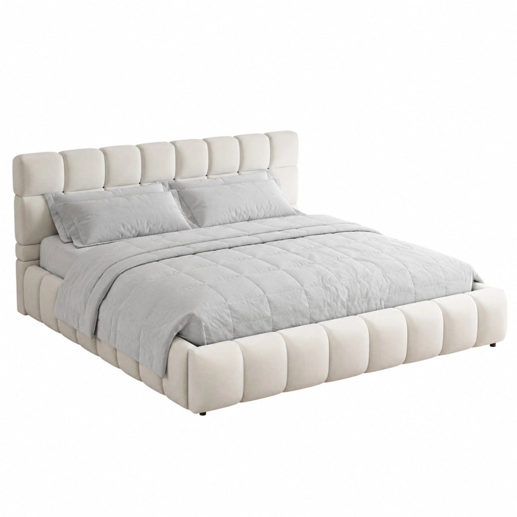 Letto imbottito 180x200 cm beige in velluto con contenitore idraulico e LED