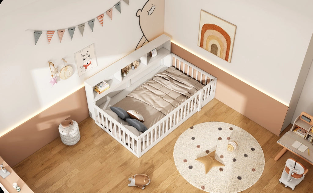 Letto da giorno 90 × 200 cm con rete a doghe in legno di pino e MDF bianco con sponde e ripiani laterali