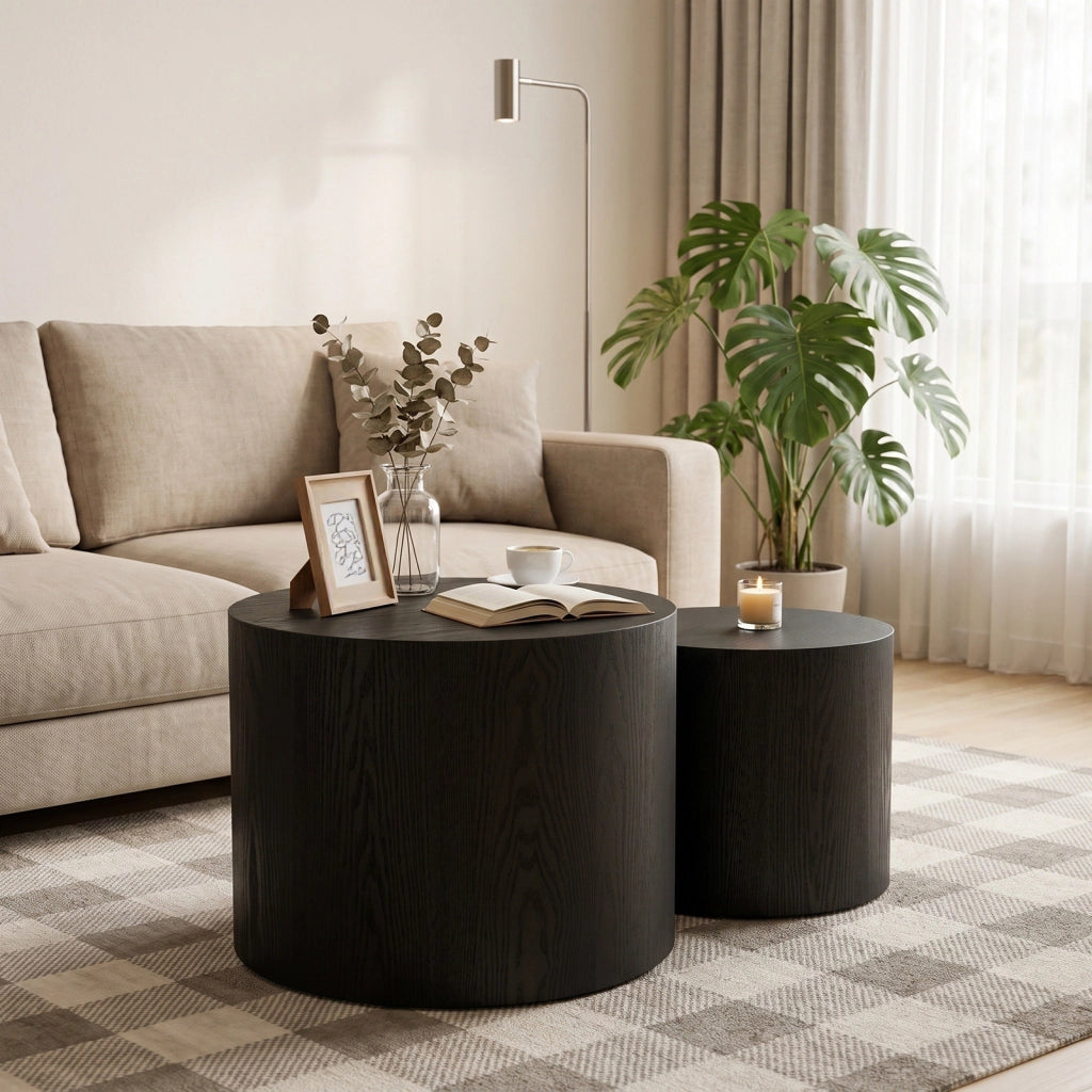 Set di 2 tavolini rotondi neri in MDF, diametro 48,5 e 38 cm, tavolini a incastro salvaspazio