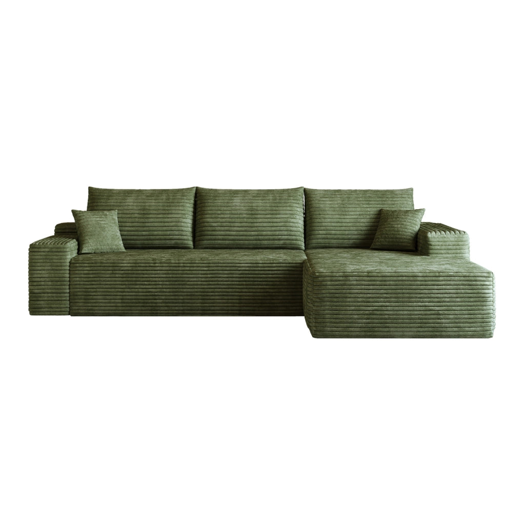 Divano verde con imbottitura in schiuma elastica e rivestimento in velluto a coste