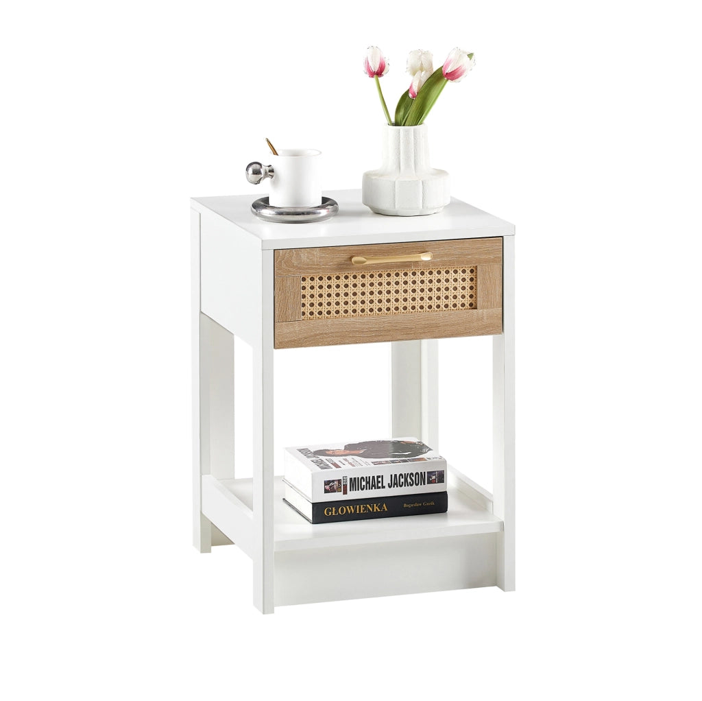 Comodino con cassetto 40x40x55 cm in MDF bianco e naturale effetto rattan