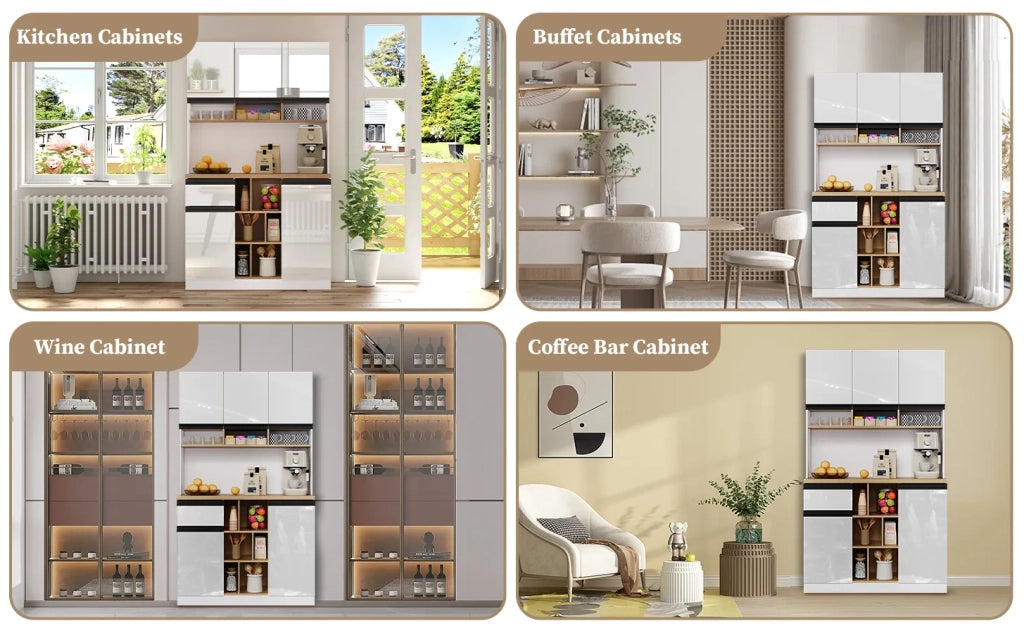 Mobile da cucina moderno bianco 105x45x185 cm, buffet con ante lucide, maniglie in metallo, ripiani regolabili, cassetti, spazio aperto, protezione anti-ribaltamento