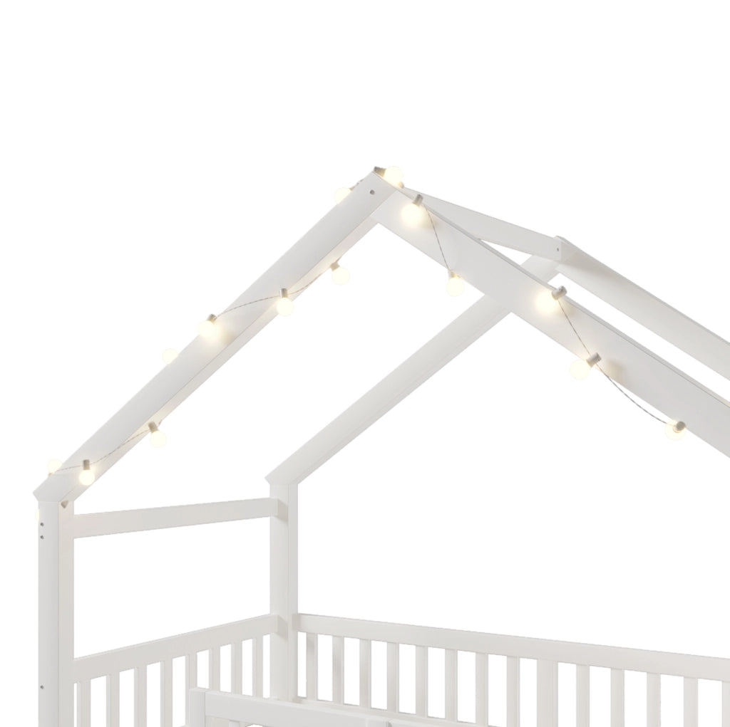 Letto a forma di casa ULEVR 90x190 cm con sponde di sicurezza, ripiani laterali e luci LED, bianco