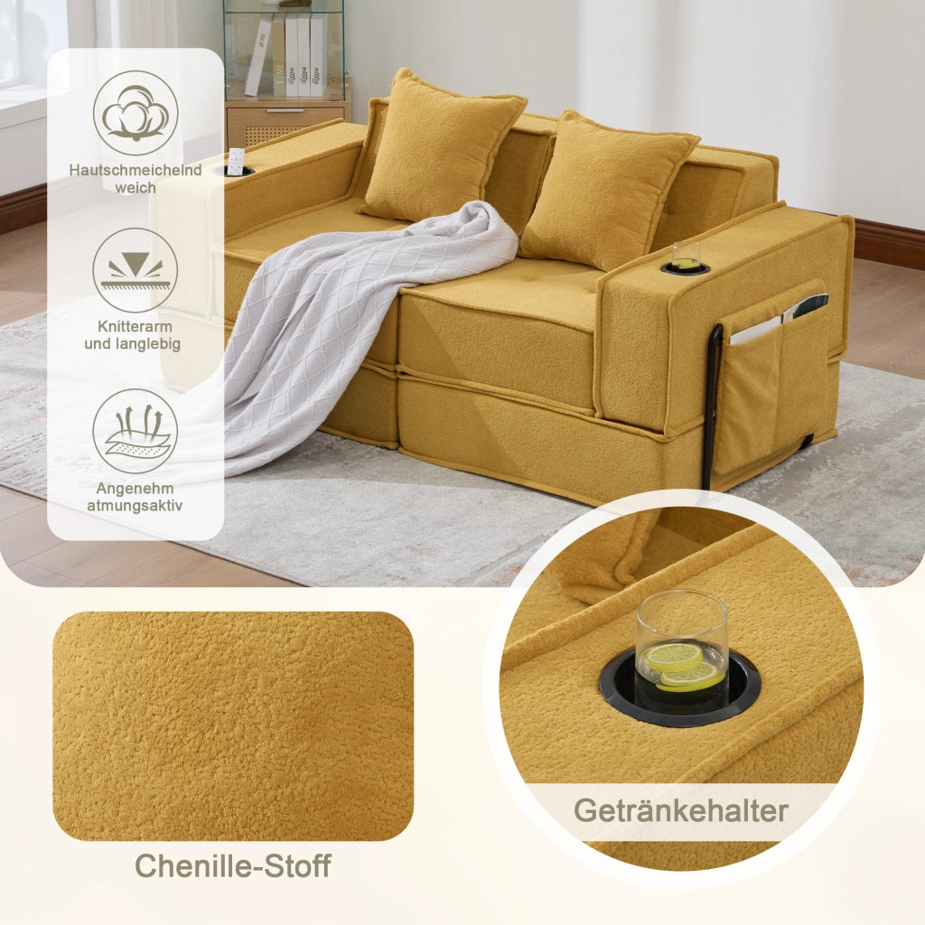 Divano letto 2 sedili convertibili con letto matrimoniale; pouf con portaoggetti e porta tazze; cuscini 2; velluto a coste; Giallo