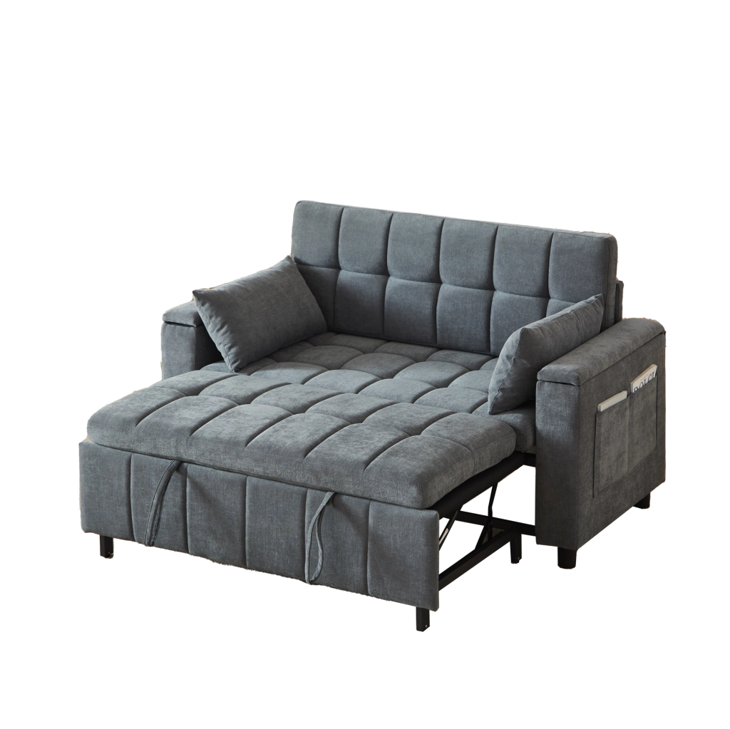 Divano letto 3 in 1 in ciniglia grigio con doppio contenitore e struttura metallica resistente