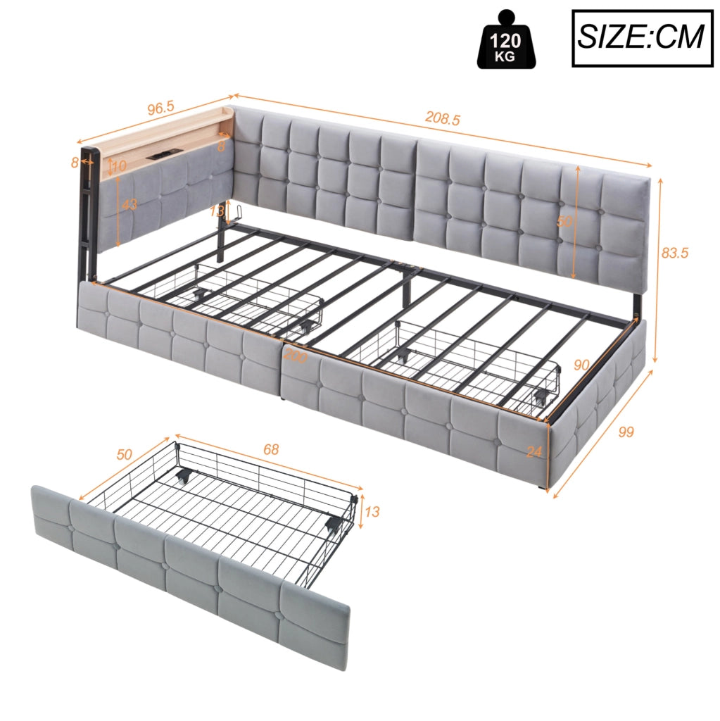 Divano letto imbottito 90x200 cm grigio con LED, USB-C e 2 cassetti