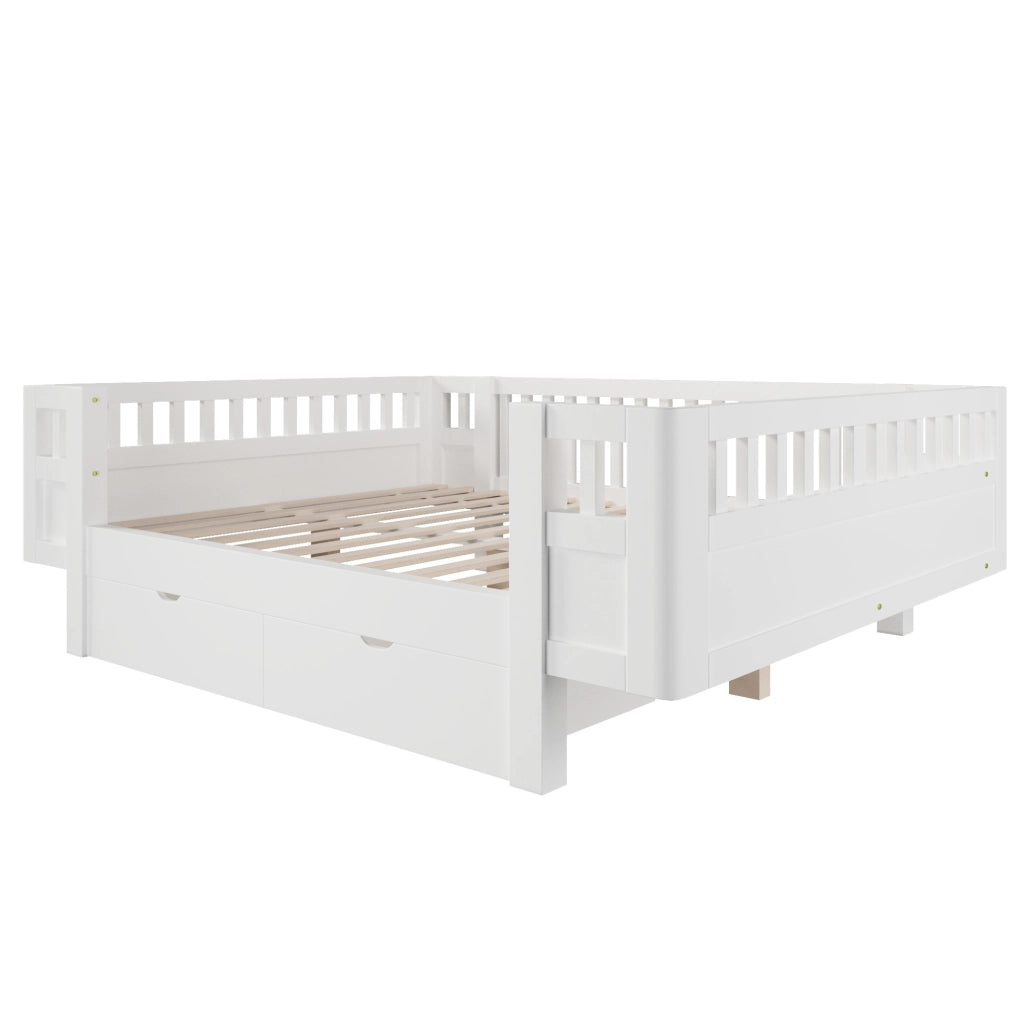 Letto piattaforma 140x200 cm bianco con sponda alta di protezione e due ampi cassetti